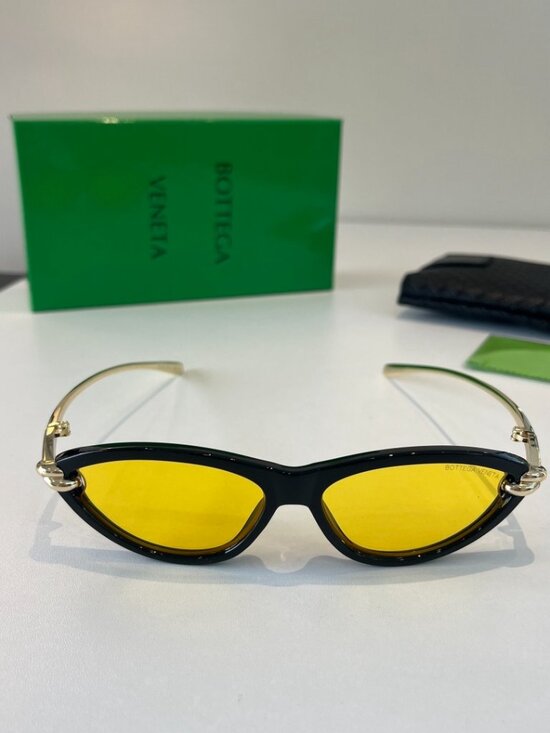Bottega Veneta New Black Gold Cat Eye Sunglasses Yellow Tinted Lens